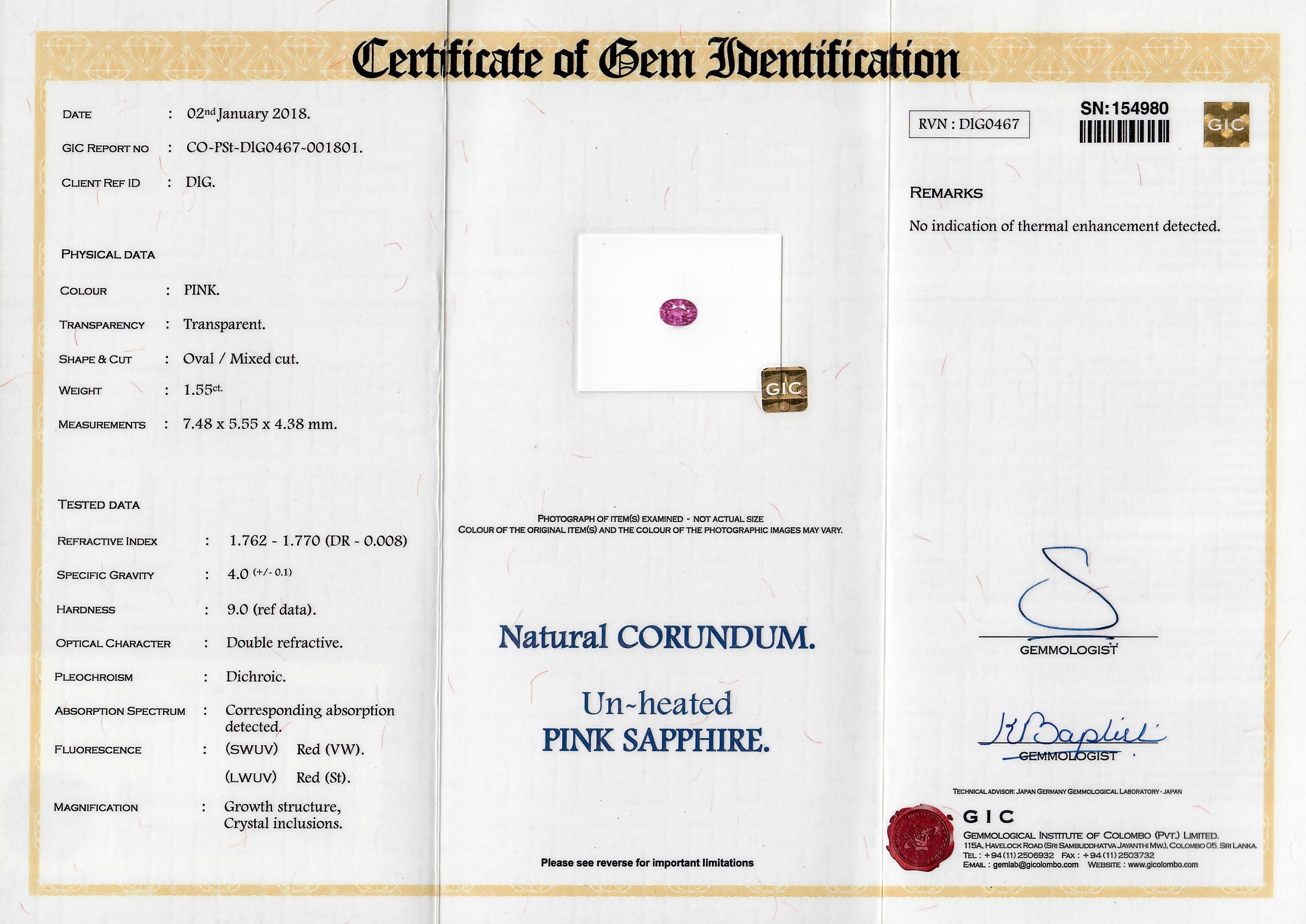 1.54 ct Vivid Pink Sapphire Oval Cut Natural Unheated