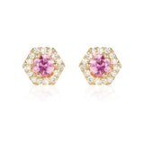 PETRA Mini Pink Sapphire Hexagon Diamond Halo Stud Earrings in 18k Gold