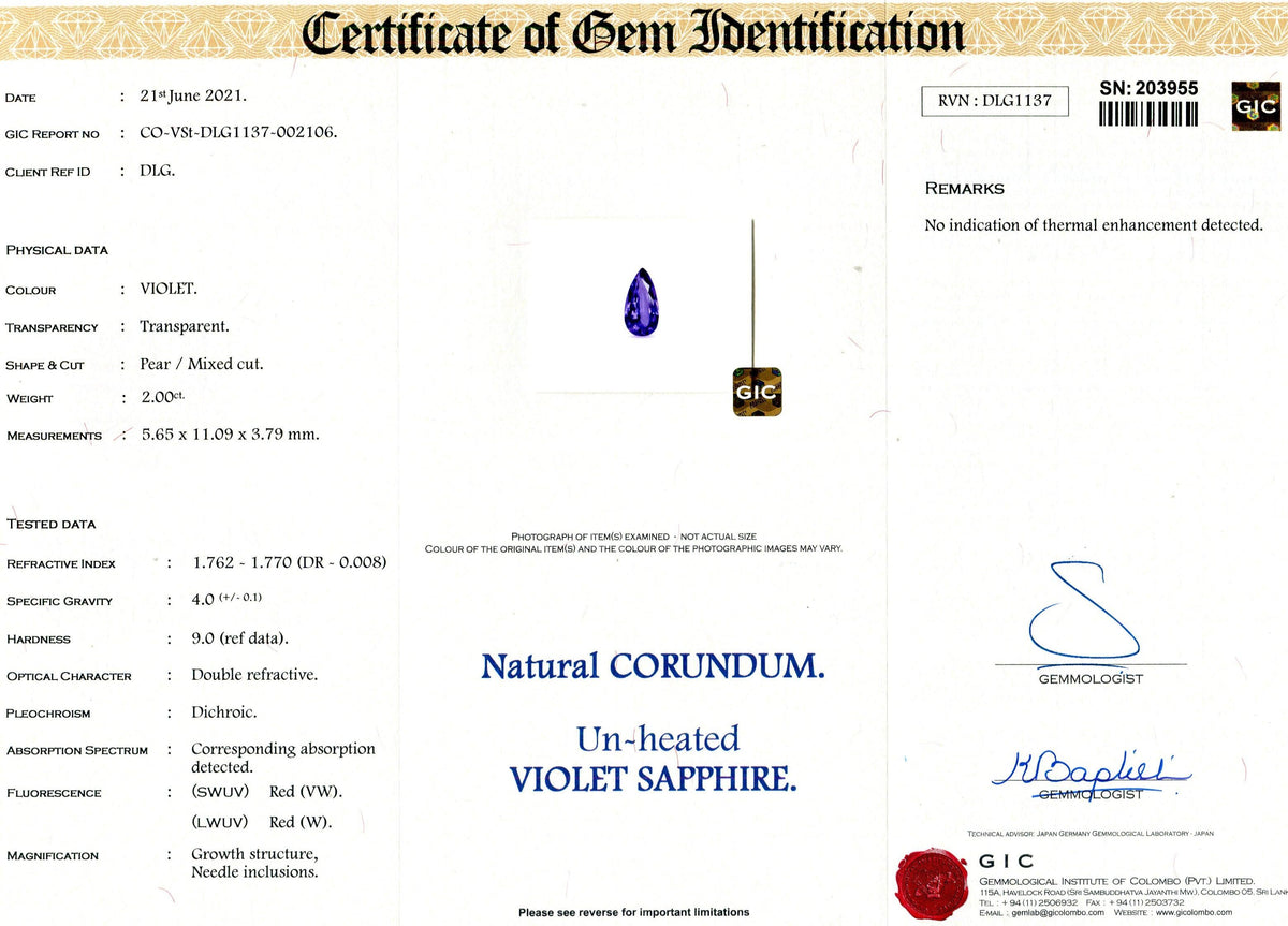 2.00 ct Violet Sapphire Pear Cut Natural Unheated