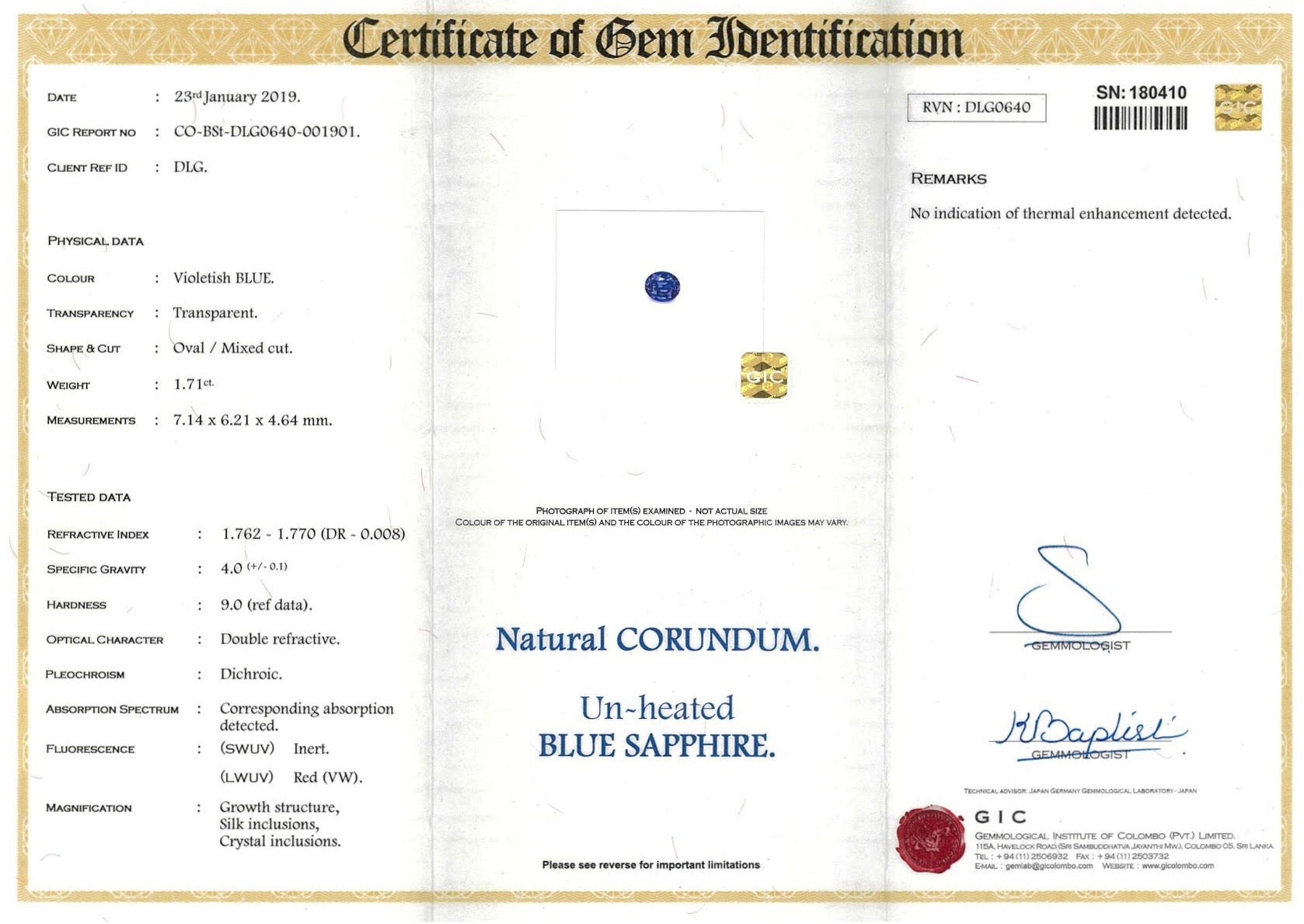 1.71ct Oval Indigo Sapphire Certified Unheated