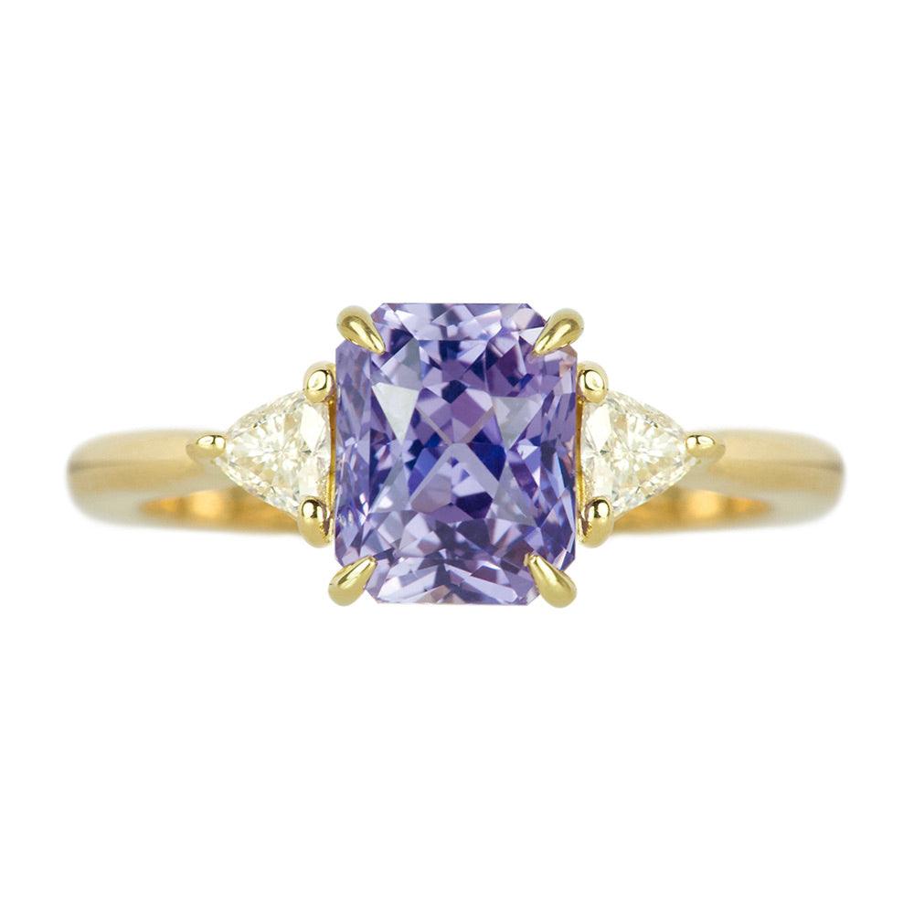 Lavender Violet Blue Sapphire Trilogy Yellow Gold Ring