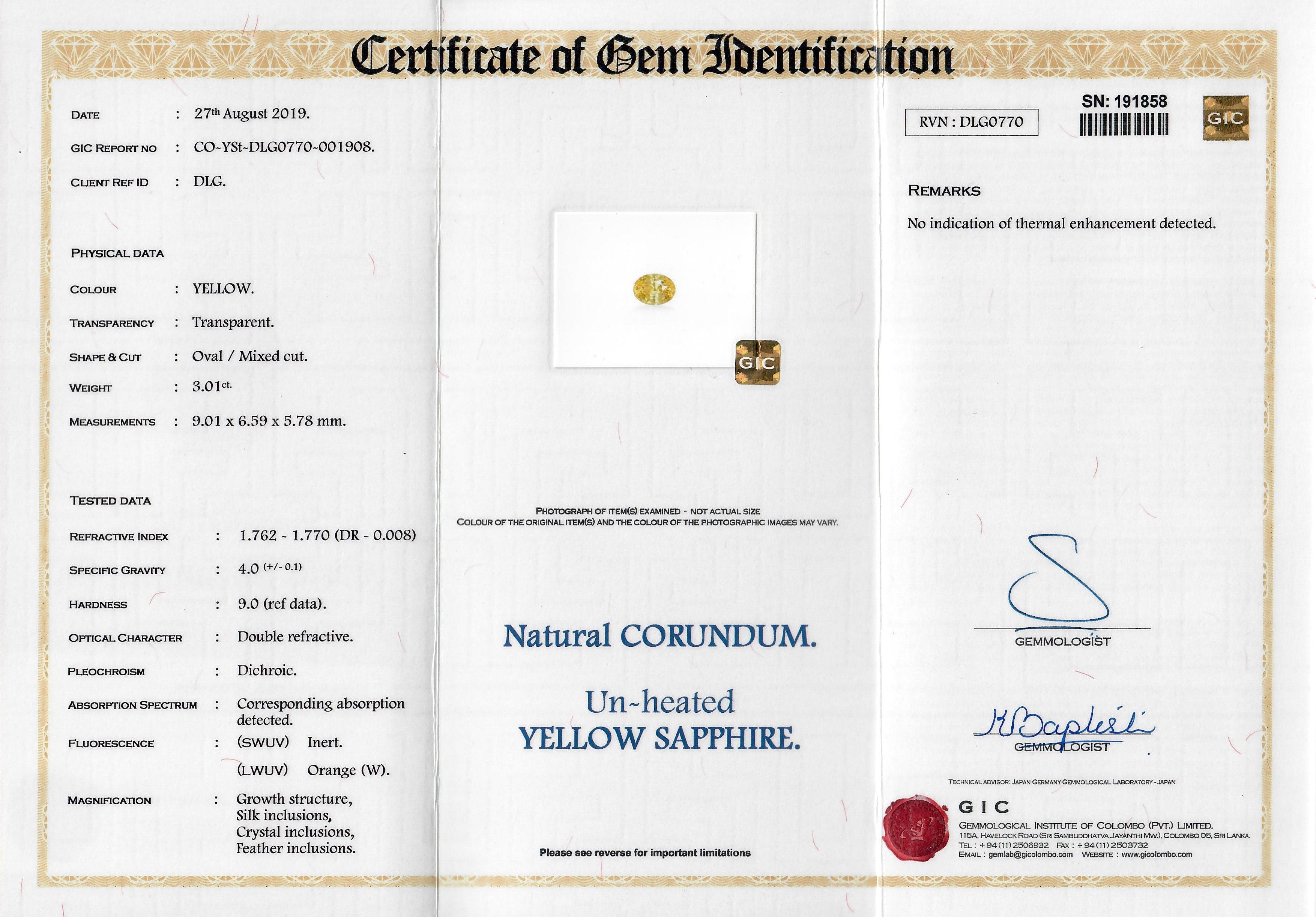 3.01 ct Oval Yellow Ceylon Sapphire Natural Unheated Certified