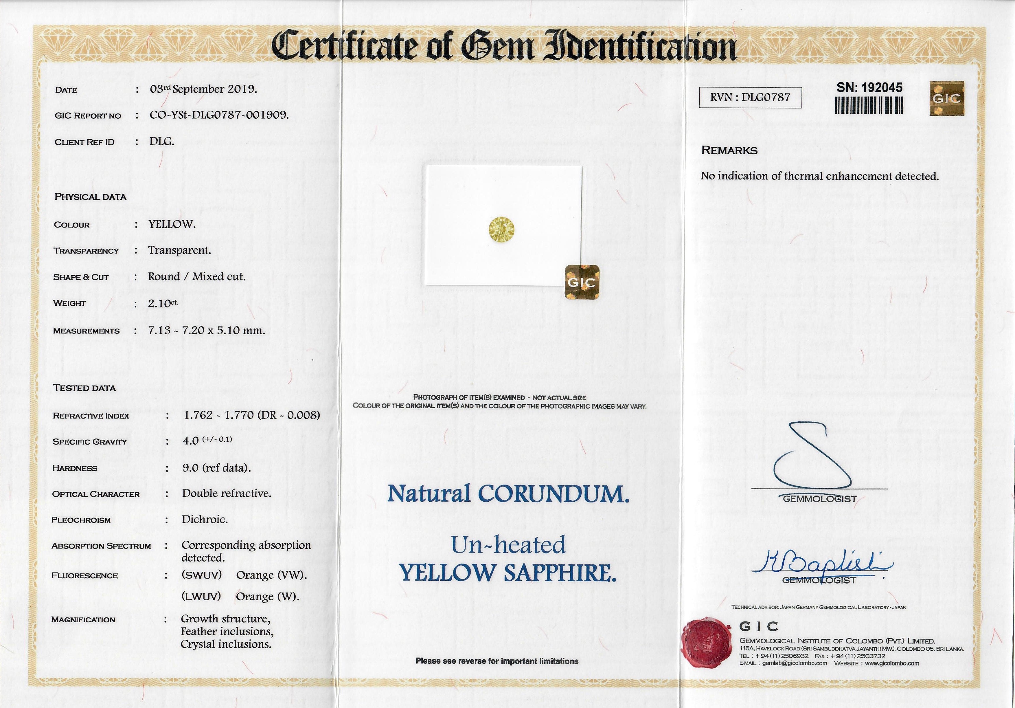 2.10 ct Round Yellow Sapphire Natural Ceylon Certified Unheated