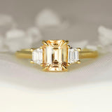 Apricot Sapphire Trapezoid Diamond Trilogy Ring Yellow Gold