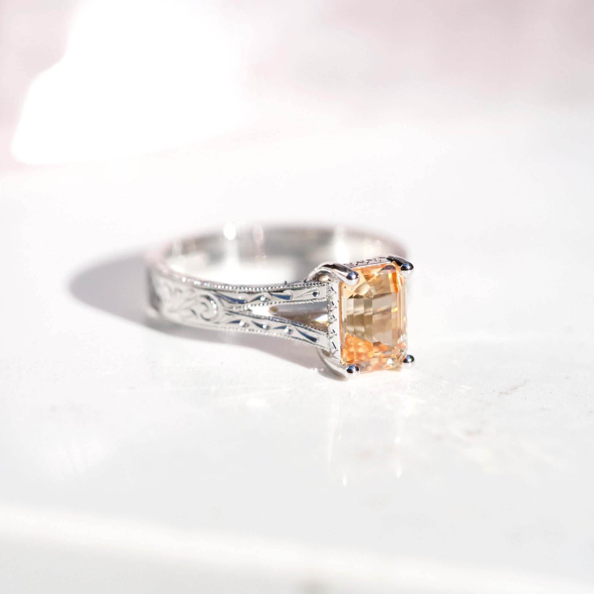 Engraved Apricot Sapphire Engagement Ring