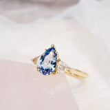 Pear Blue Sapphire Trillion Trilogy Yellow Gold Engagement Ring