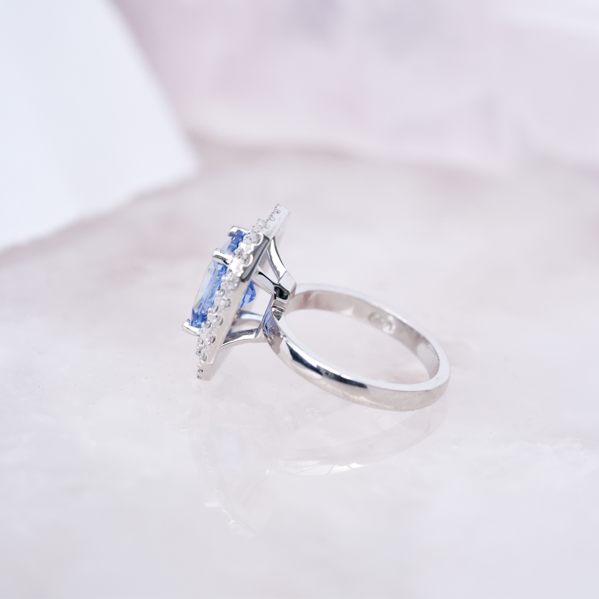 Sky Blue Sapphire Double Diamond Halo Engagement Ring