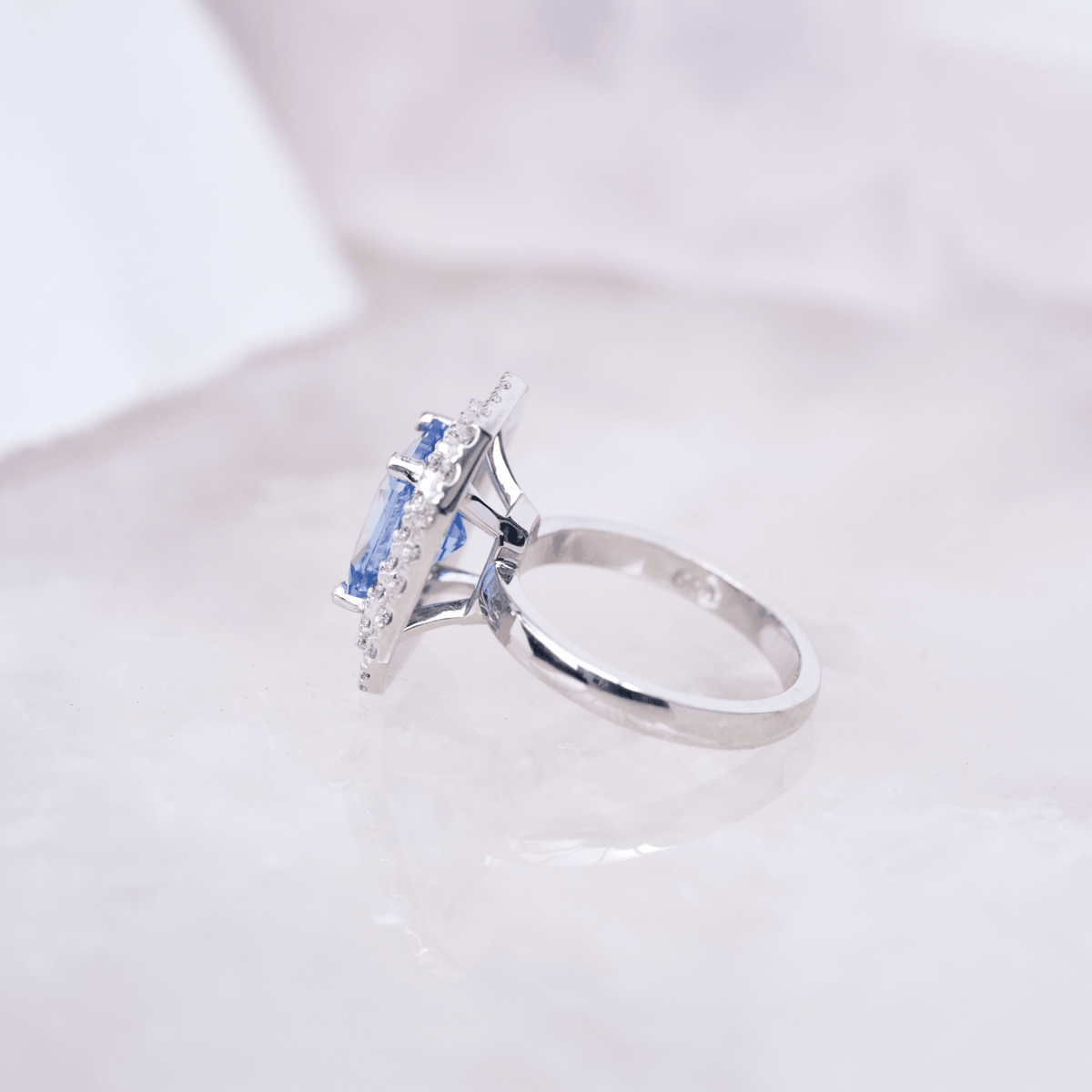 Sky Blue Sapphire Double Diamond Halo Engagement Ring