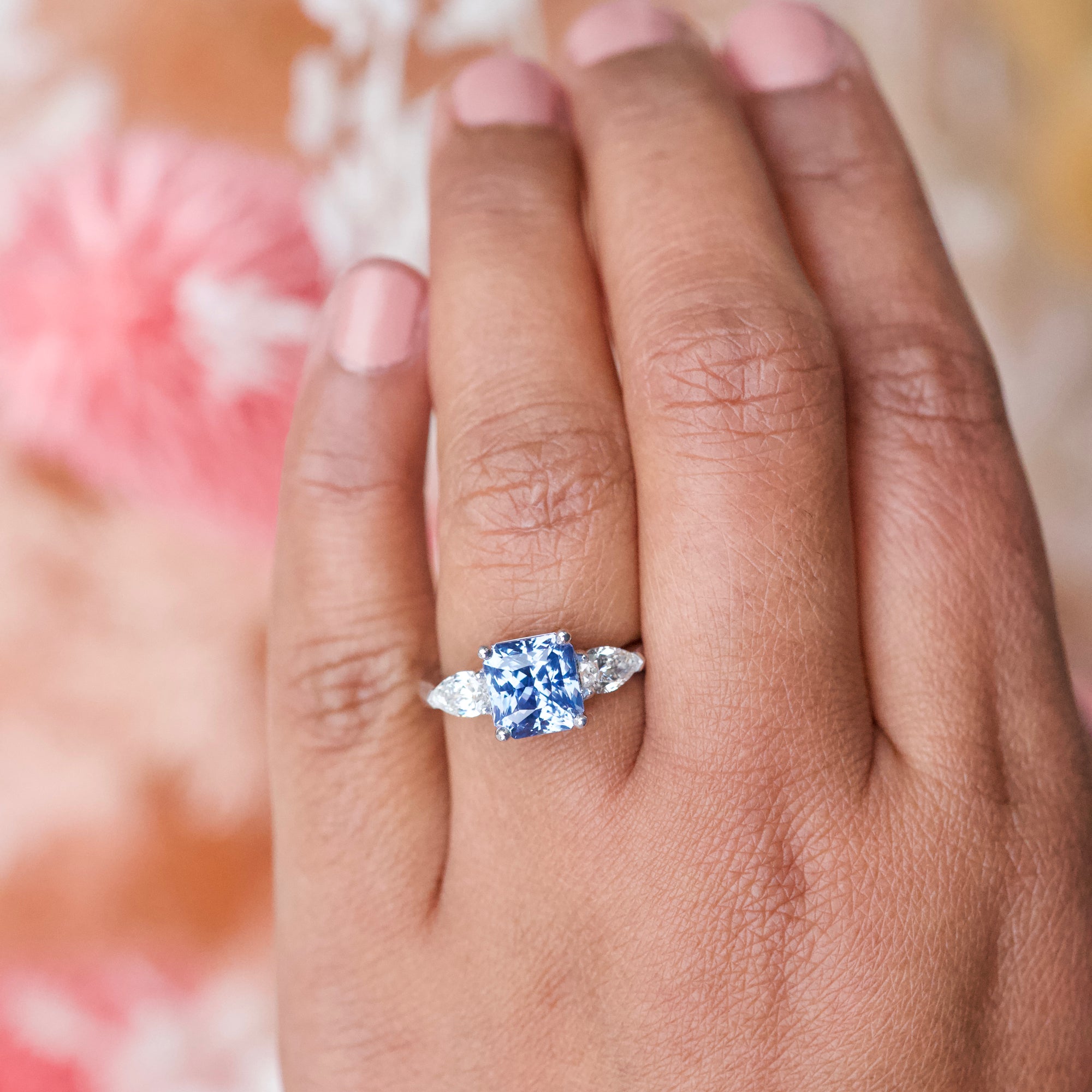 Ceylon Blue Sapphire Trilogy Engagement Ring