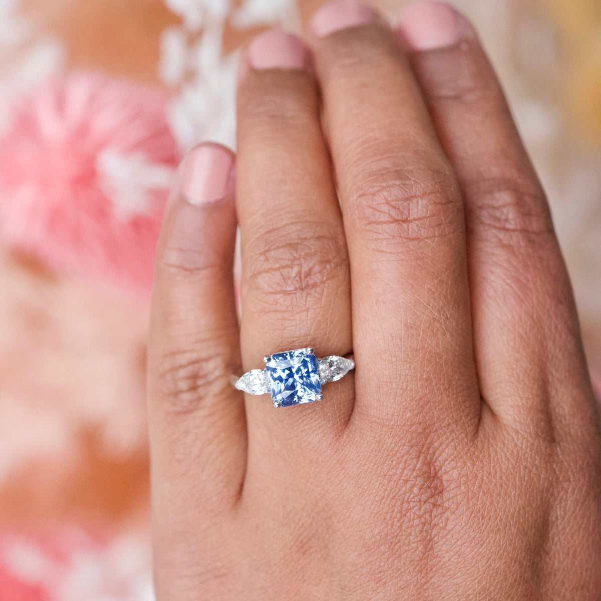 Ceylon Blue Sapphire Trilogy Engagement Ring