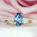 Pear Blue Sapphire Trillion Trilogy Yellow Gold Engagement Ring