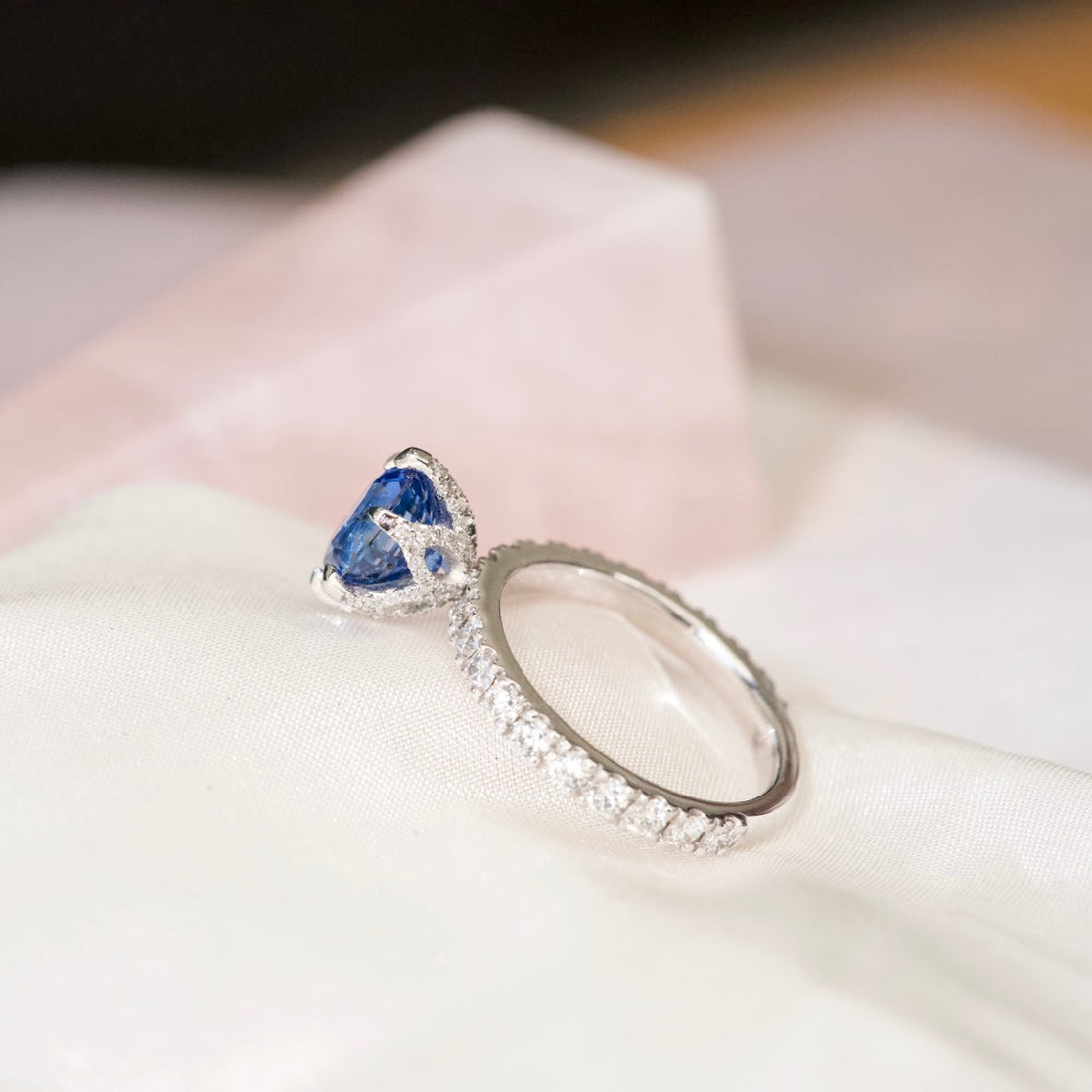 Cornflower Blue Sapphire Engagement Ring Floral Diamond Petals