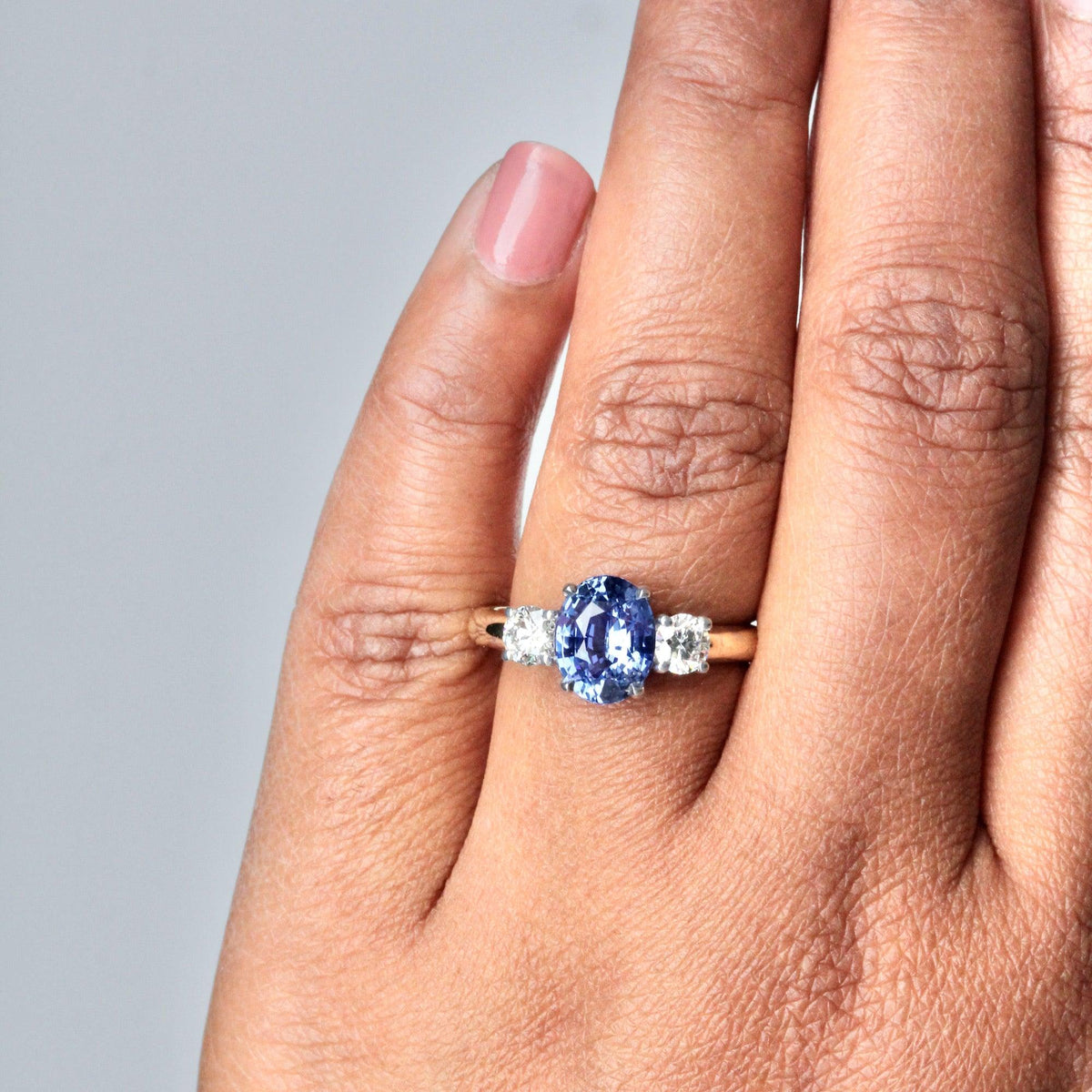 Cornflower Blue Sapphire Oval Trilogy Engagement Ring Two Tone