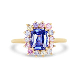 Blue Sapphire Starburst Halo Yellow Gold Ring