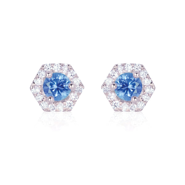 PETRA Mini Blue Sapphire Hexagon Diamond Halo Stud Earrings in 18k Gold