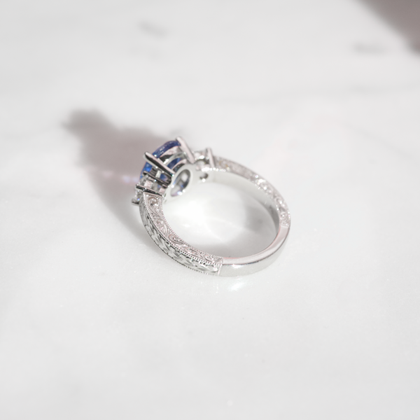 Ceylon Blue Sapphire Engraved Trilogy Ring