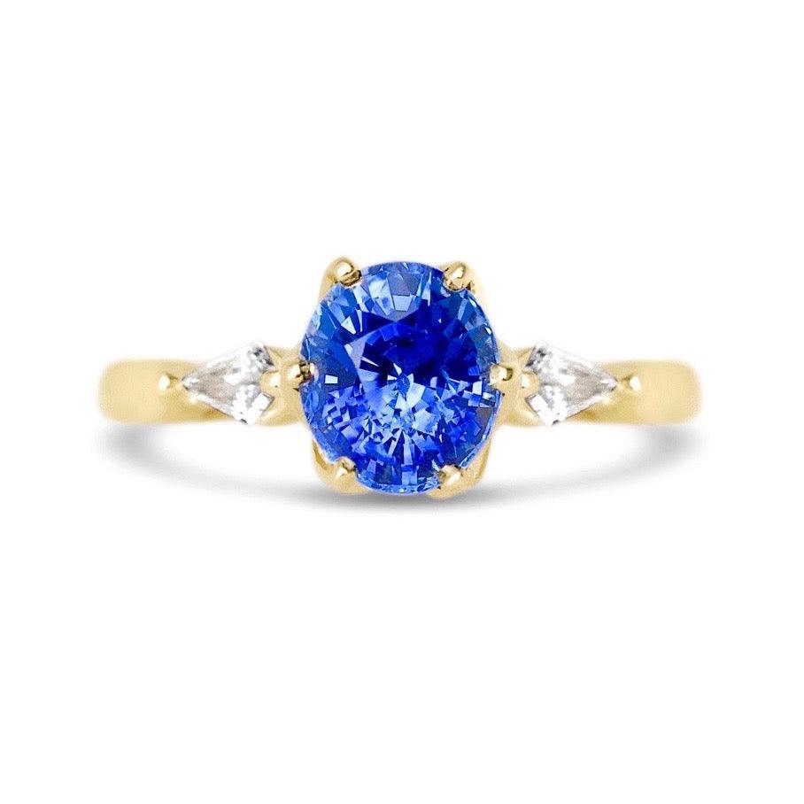 Oval Blue Sapphire Kite Diamond Trilogy Engagement Ring