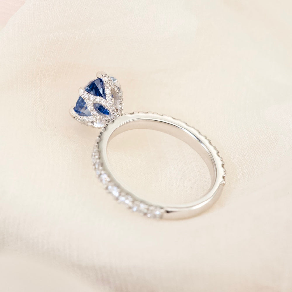 Cornflower Blue Sapphire Engagement Ring Floral Diamond Petals