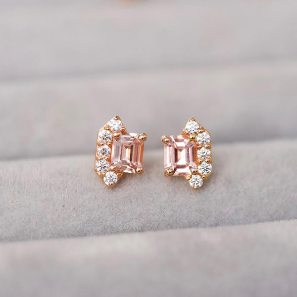 Peach Sapphire Diamond Rose Gold Stud Earrings