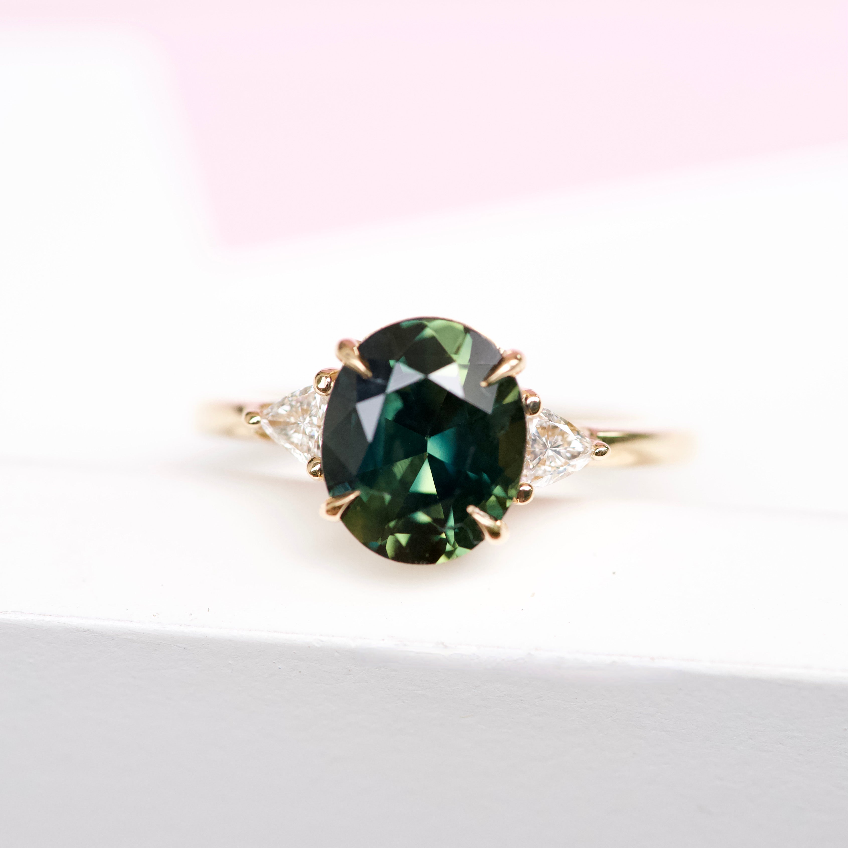 Forest Green Sapphire Diamond Trillion Trilogy Engagement Ring