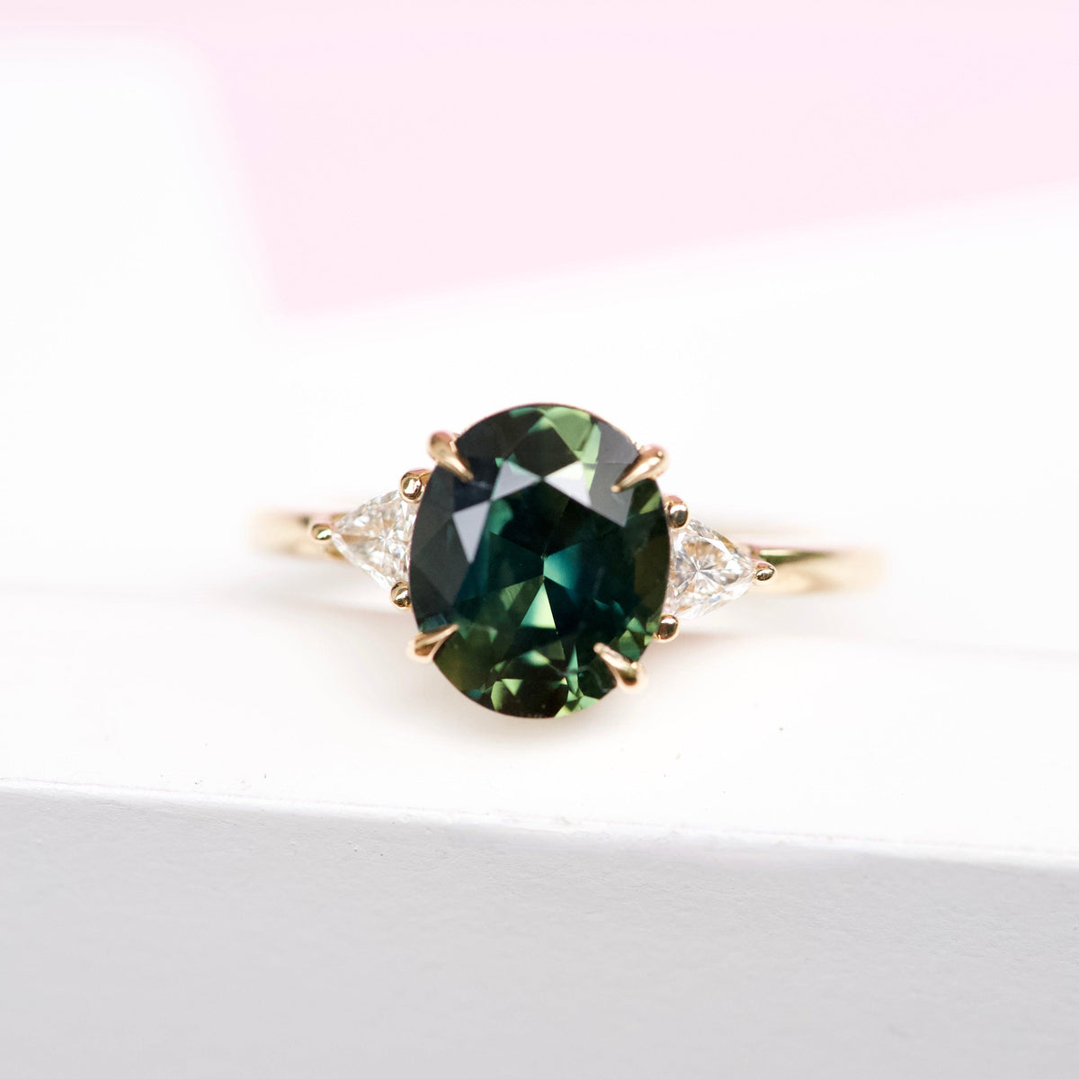 Forest Green Sapphire Diamond Trillion Trilogy Engagement Ring