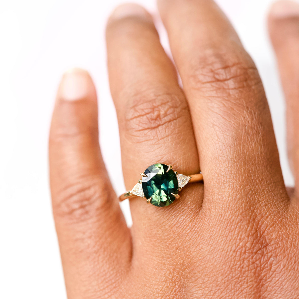 Forest Green Sapphire Diamond Trillion Trilogy Engagement Ring