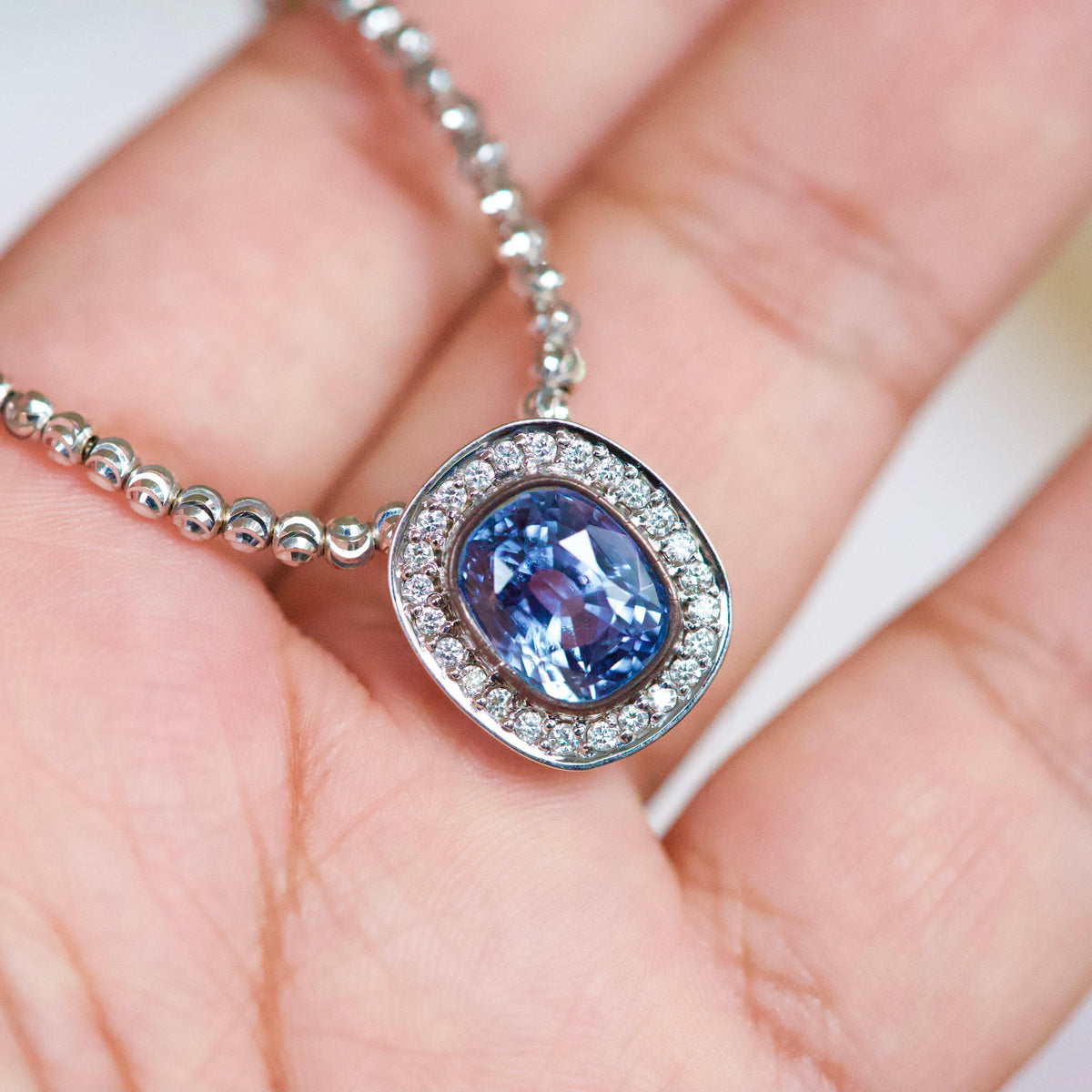 Large Ceylon Blue Sapphire Cushion Diamond Halo White Gold Pendant