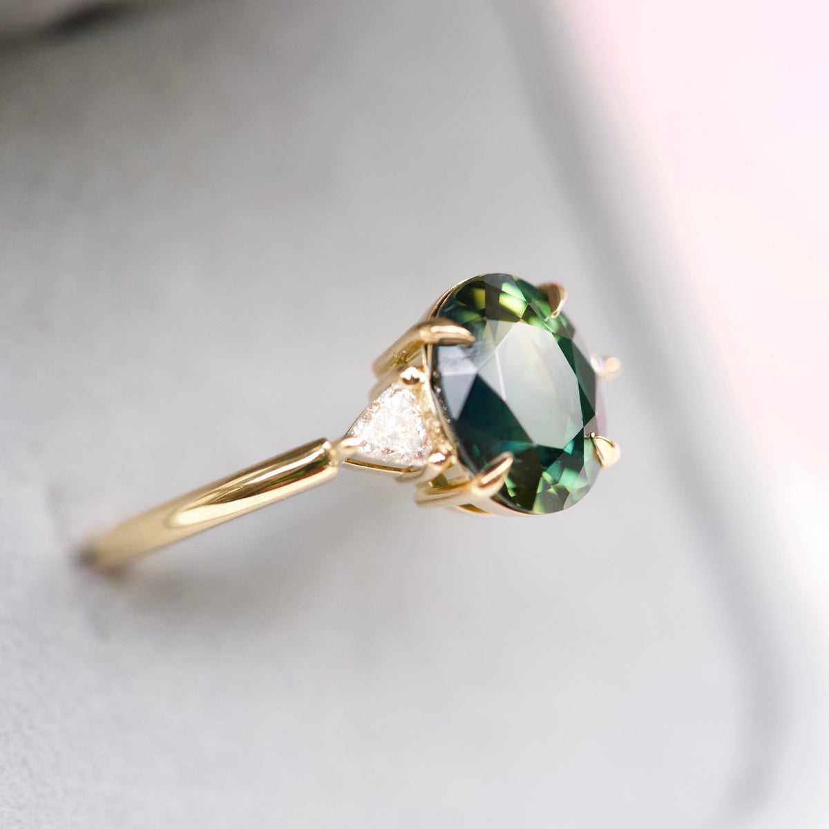 Forest Green Sapphire Diamond Trillion Trilogy Engagement Ring
