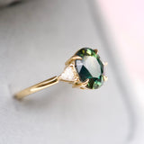 Forest Green Sapphire Diamond Trillion Trilogy Engagement Ring