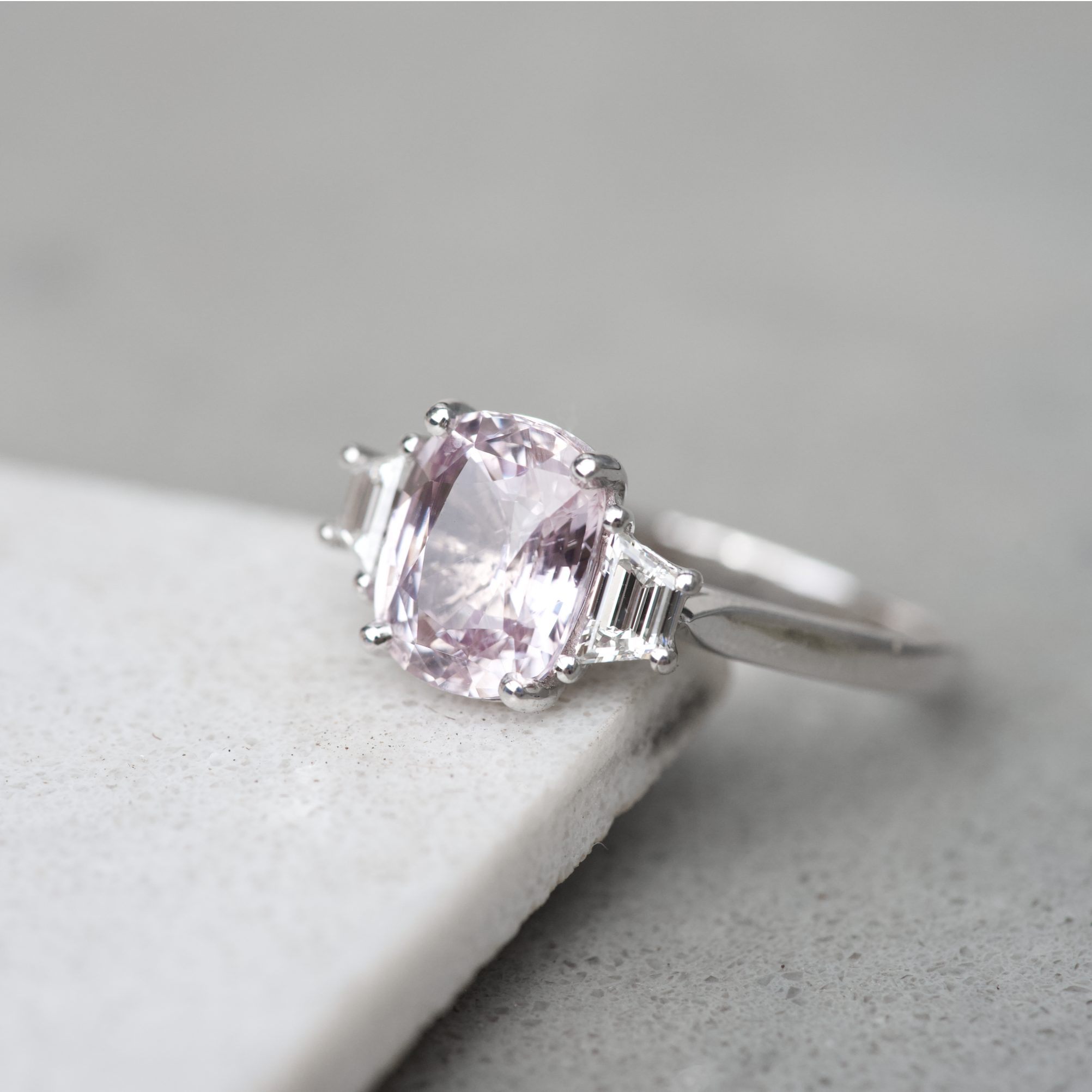Pastel Pink Sapphire White Gold Trilogy Ring