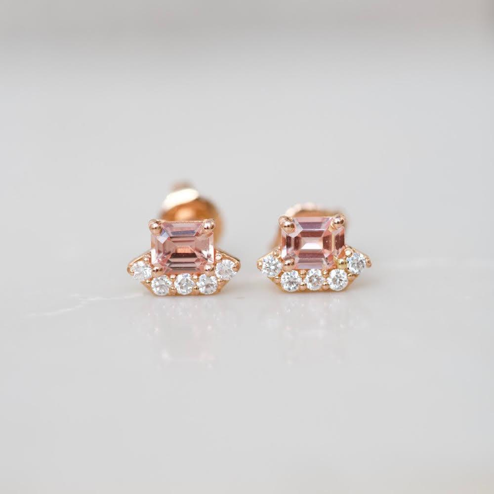 Peach Sapphire Diamond Rose Gold Stud Earrings