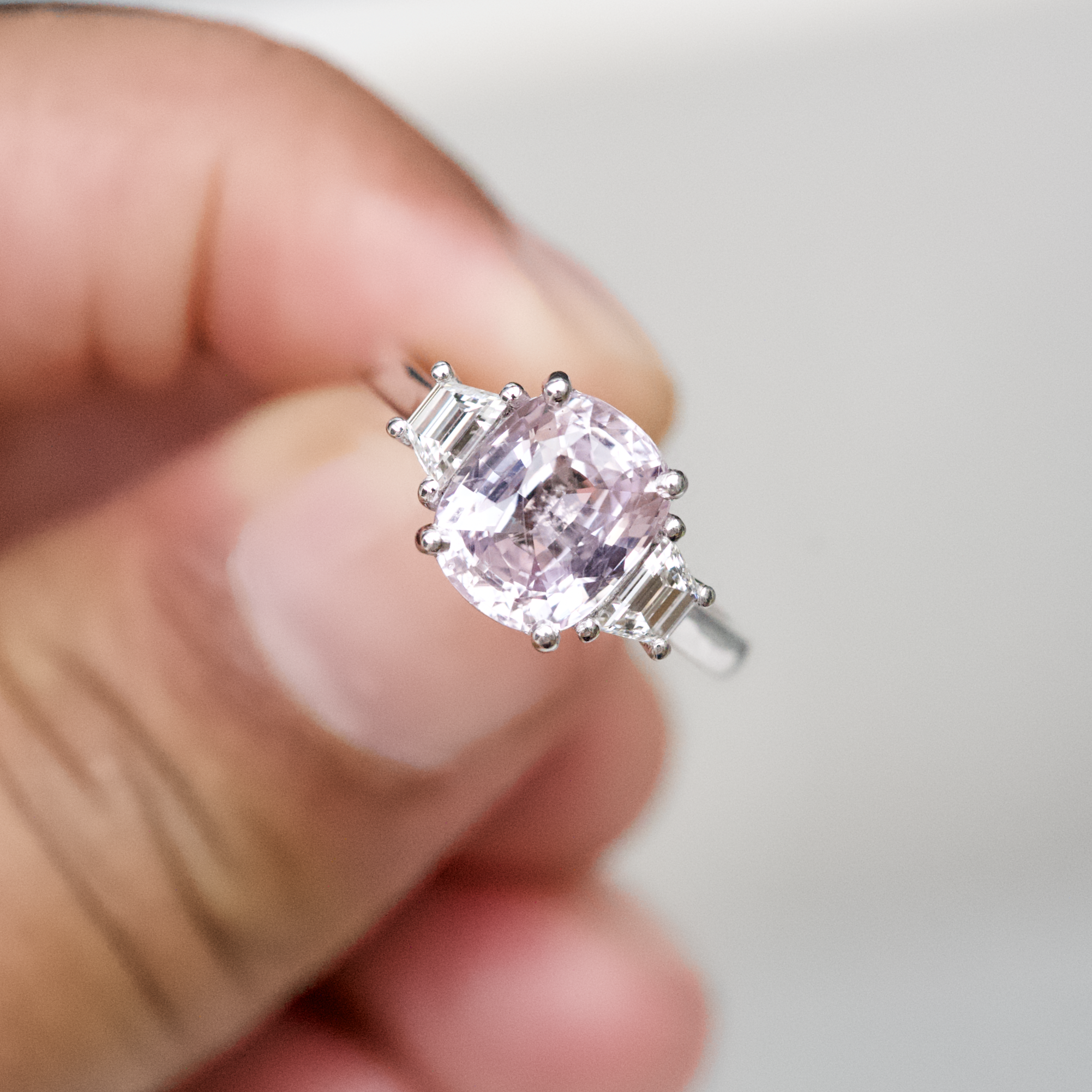Pastel Pink Sapphire White Gold Trilogy Ring