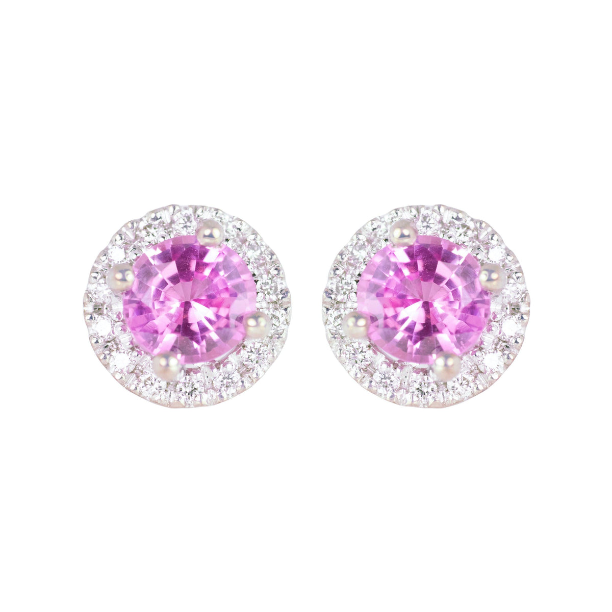 Pink Sapphire Stud Earrings Diamond Halo 18k Gold