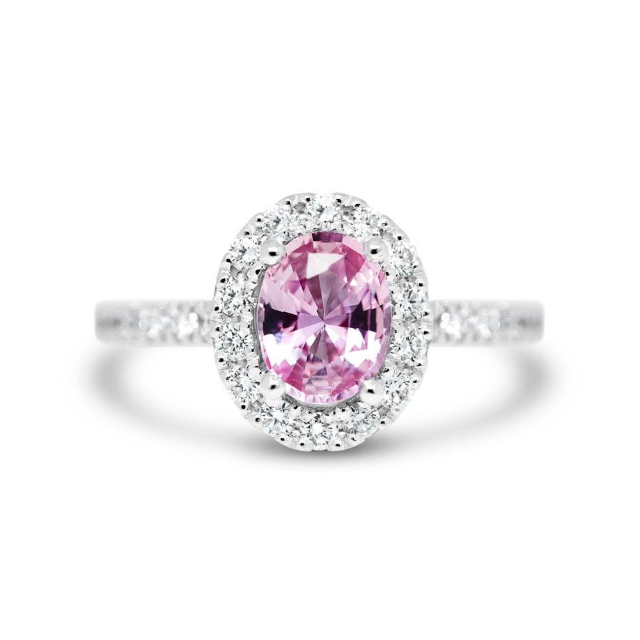 Oval Pink Sapphire Diamond Halo White Gold Ring