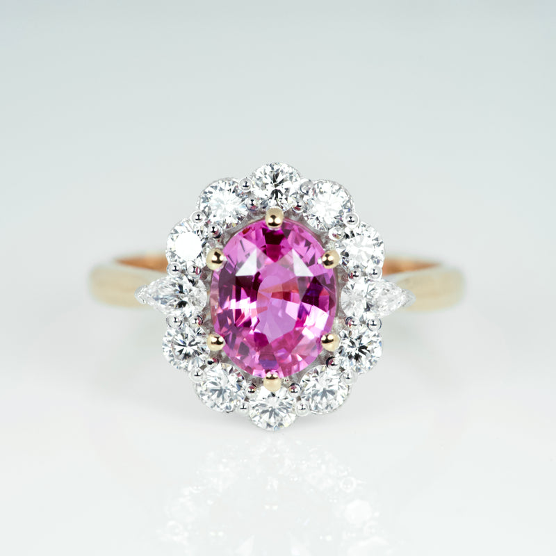 Pink Sapphire Oval Diamond Halo Cluster Engagement Ring