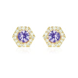 PETRA Mini Purple Sapphire Hexagon Diamond Halo Stud Earrings in 18k Gold