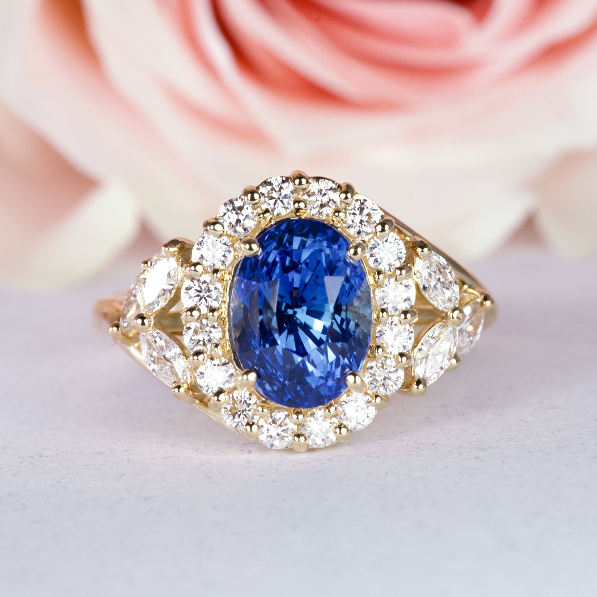 Royal Blue Sapphire Floral Design Engagement Ring