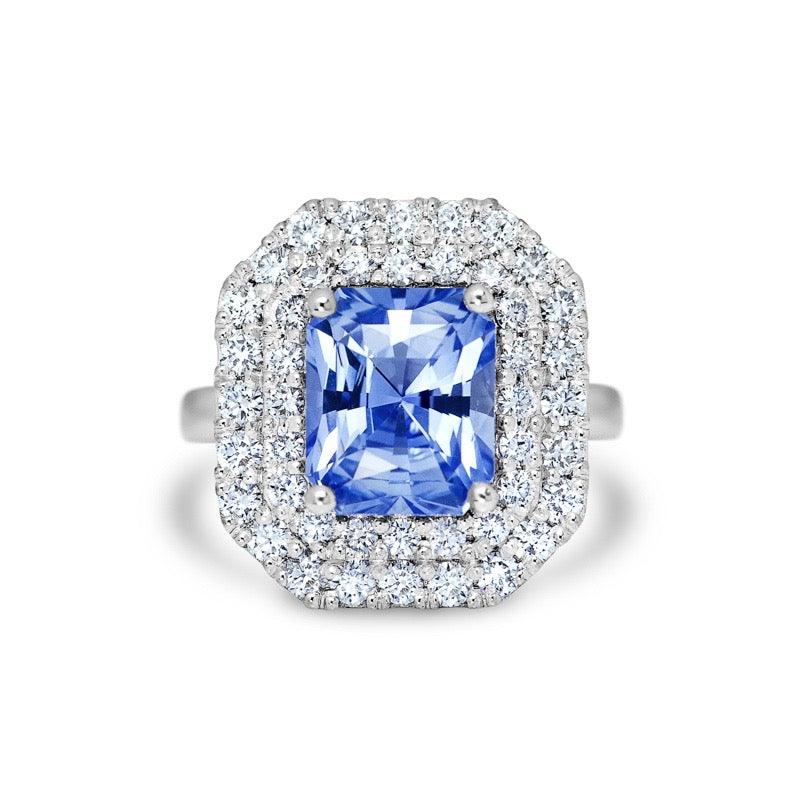 Sky Blue Sapphire Double Diamond Halo Engagement Ring
