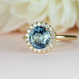 Teal Green Sapphire Diamond Halo Engagement Ring