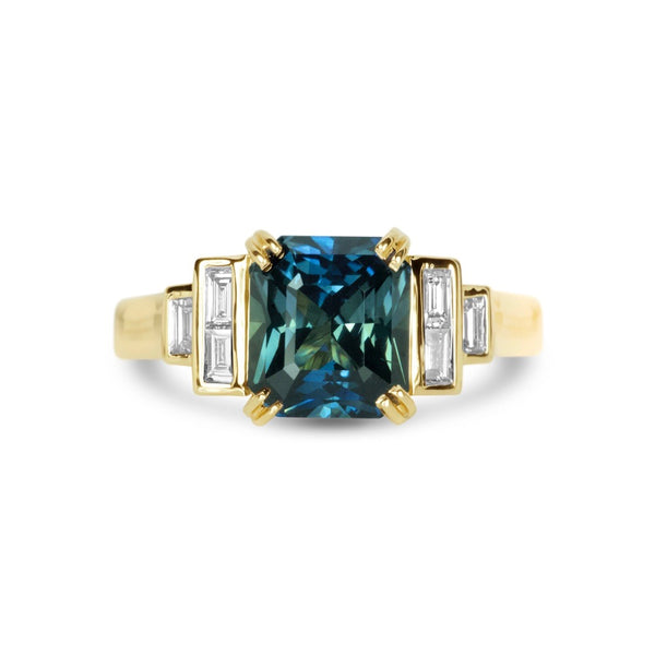 Teal Sapphire Diamond Art Deco Engagement Ring
