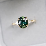Forest Green Sapphire Diamond Trillion Trilogy Engagement Ring