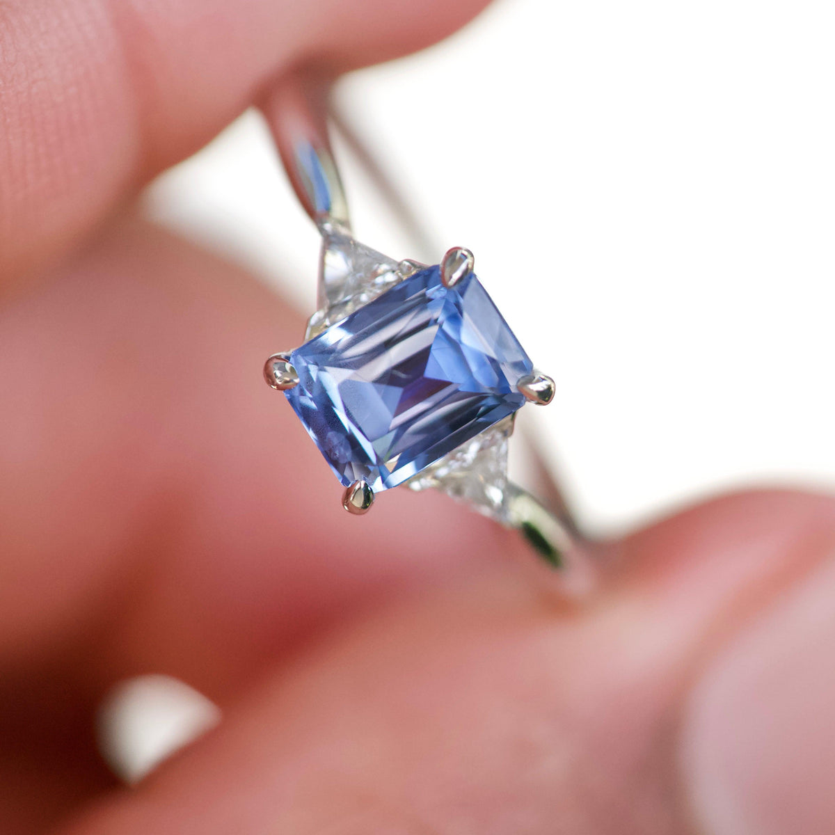 Blue Sapphire Diamond Triangle Trilogy Engagement Ring
