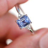 Blue Sapphire Diamond Triangle Trilogy Engagement Ring