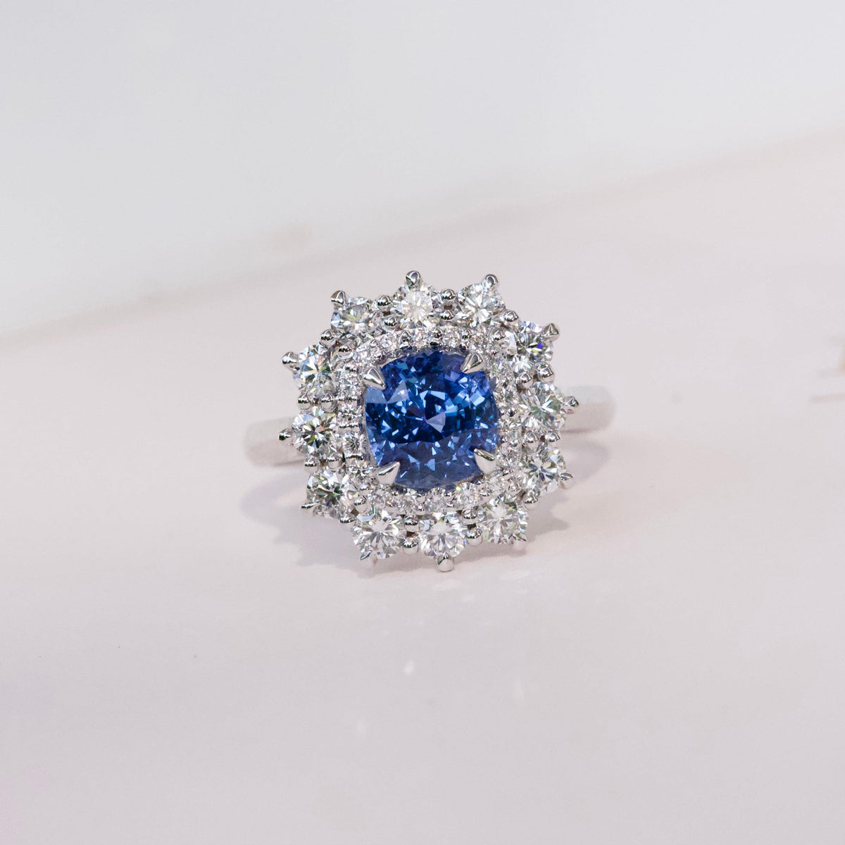 Cushion Blue Sapphire Double Halo Ring