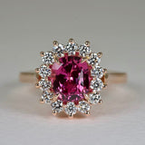 Cushion Pink Sapphire Engagement Ring with Starburst Diamond Halo