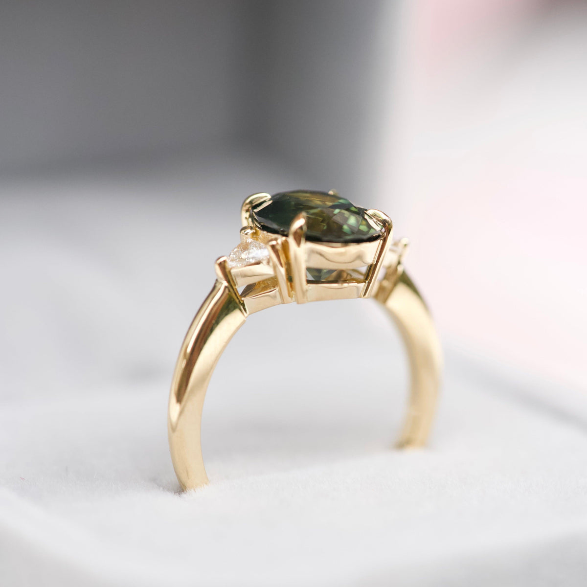 Forest Green Sapphire Diamond Trillion Trilogy Engagement Ring
