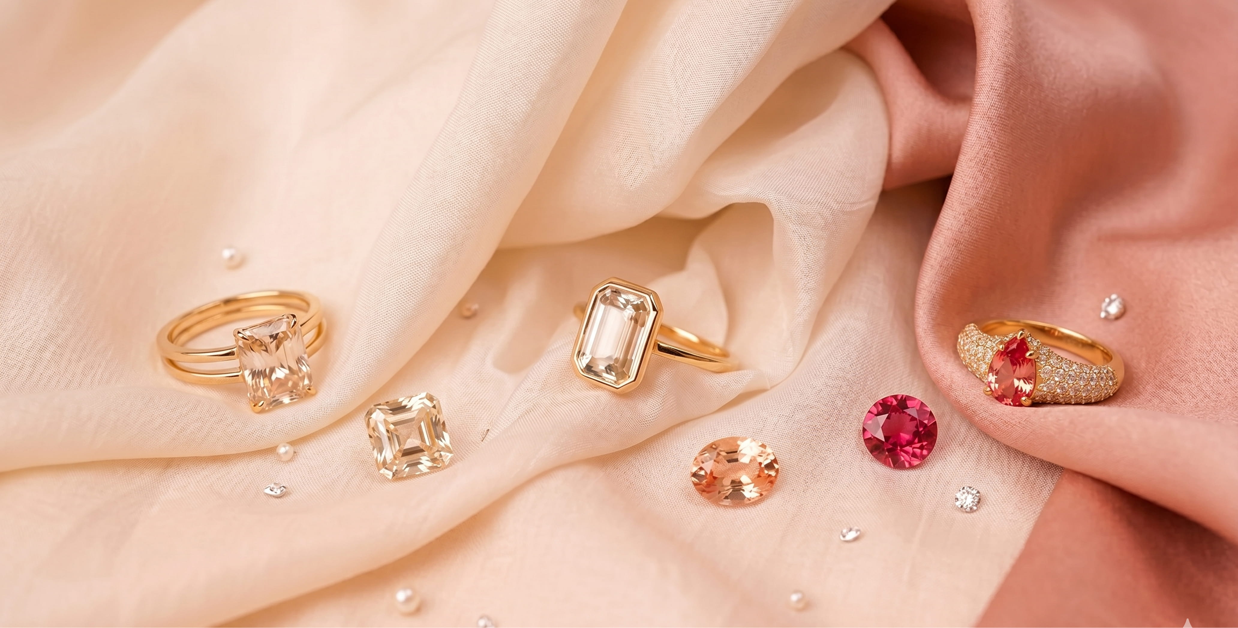 A collection of gold rings and loose faceted gemstones in champagne, peach, and pink tones scattered across draped peach and cream silk fabric.