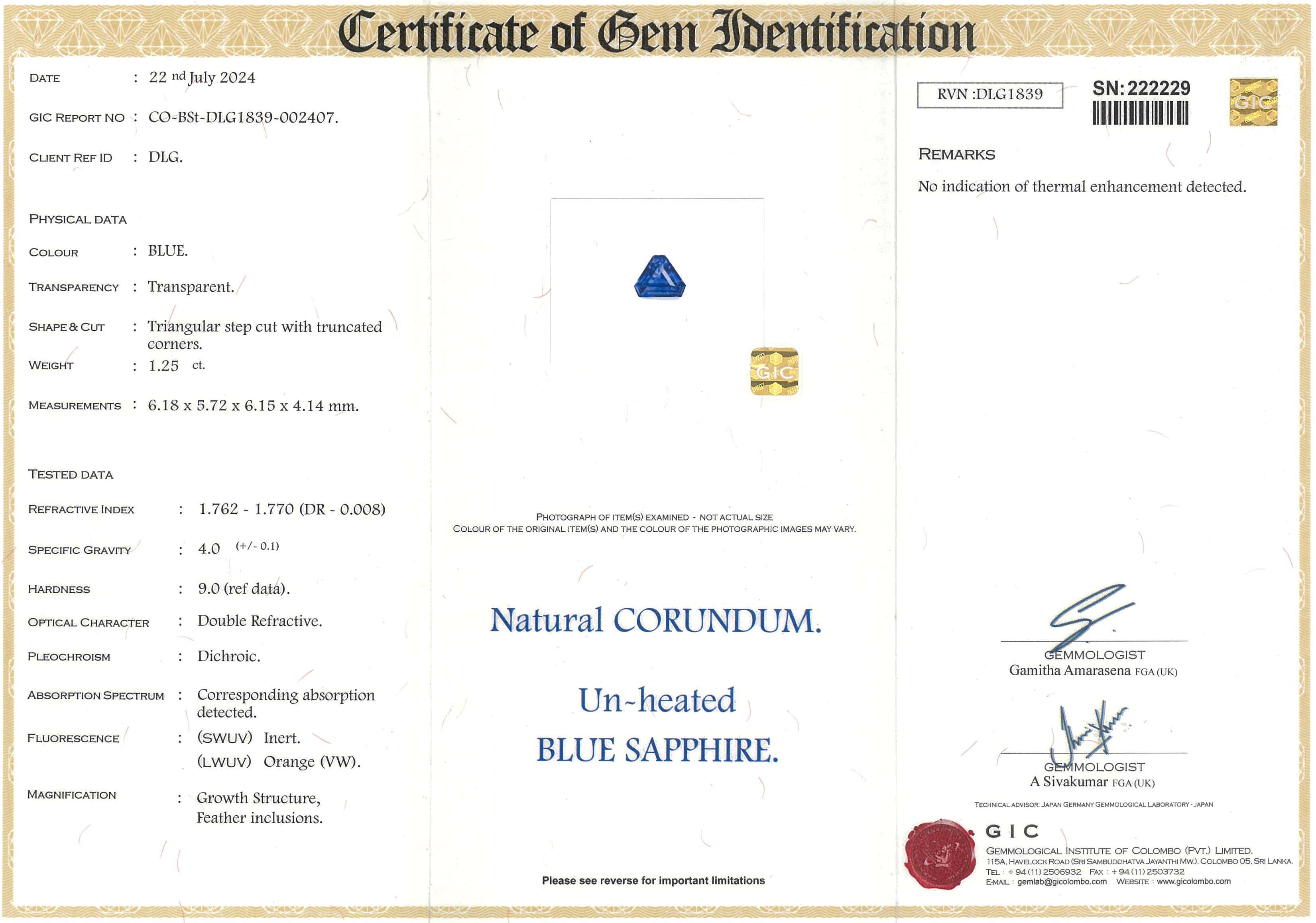 1.25 ct Ceylon Blue Sapphire  Triangular Shield Cut Unheated