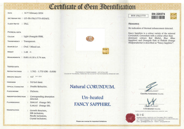 1.48 ct Champagne Lite Pink Sapphire Oval Natural Unheated