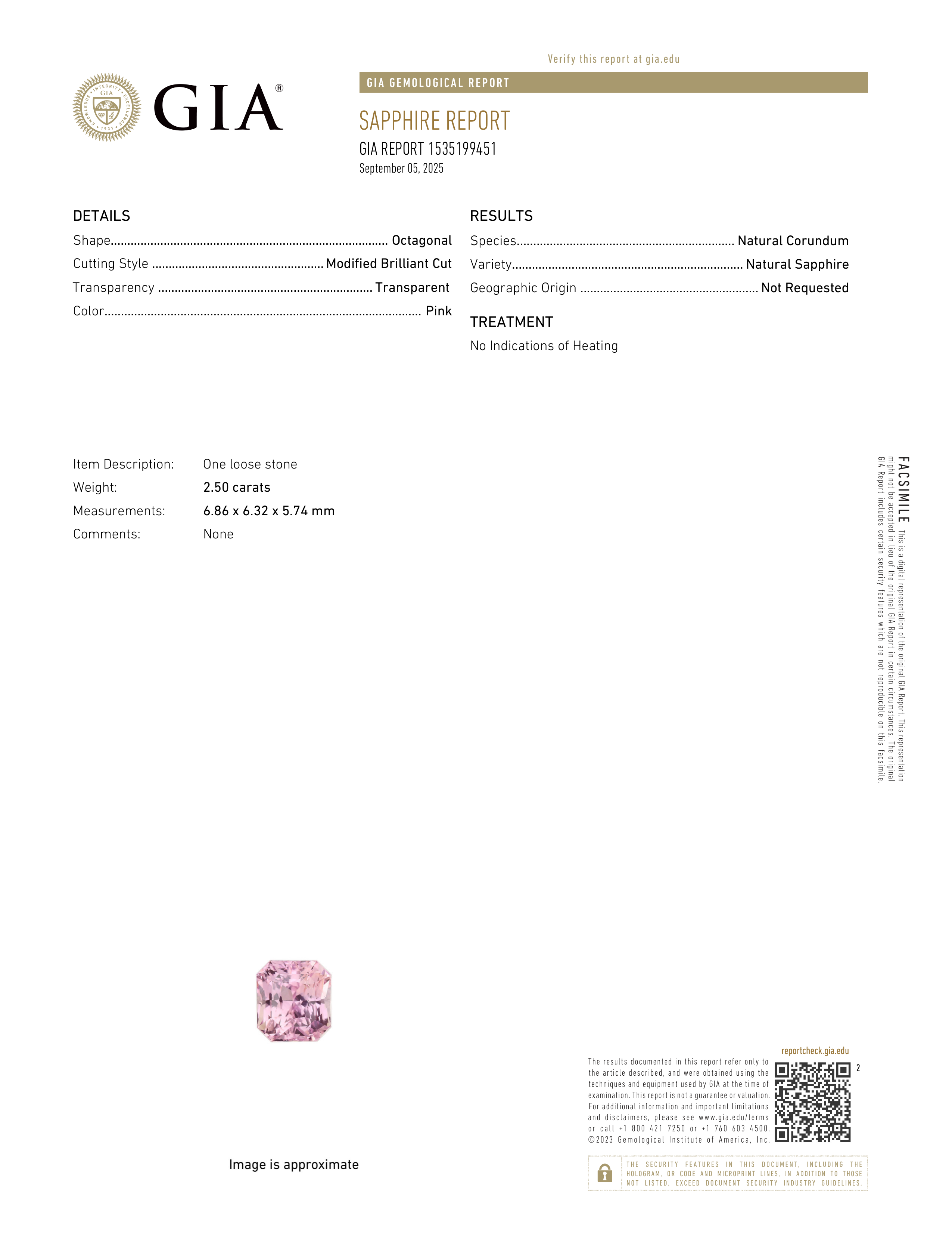 2.50 ct Pink Radiant Cut Sapphire GIA Unheated Gem